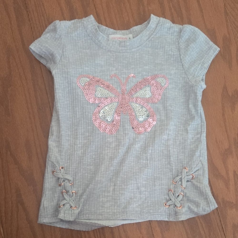 Charming Light Blue Tee with Pink Sequin Butterfly